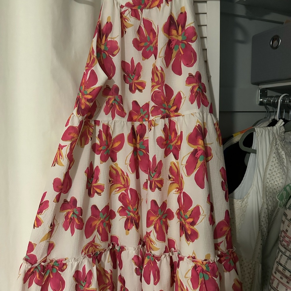 THML Pink and White Ruffled Tiered Sundress Sleeveless Halter Resort Wear